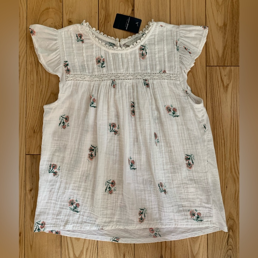 Lucky Brand White Cotton Flutter Sleeve Floral Top